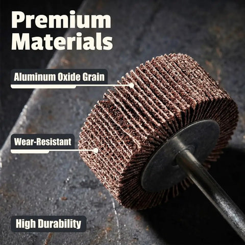 Close-up of beefed up 90mm extra long flap wheel sander with quarter inch shank showing aluminum oxide abrasive and durability.