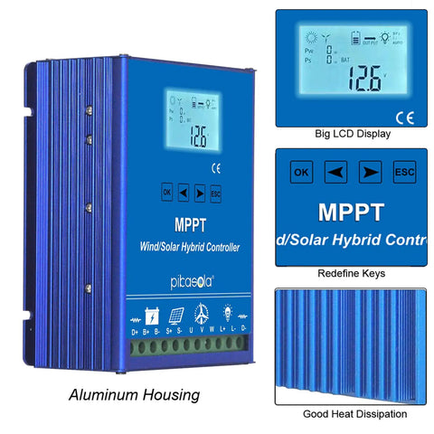 Off Grid Hybrid Wind And Solar Charge Controller 1400W MPPT Auto 12/24V, aluminum housing, LCD display, control buttons