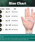 Glove size chart with S–XXL sizes and palm-width measurement shown by a tape on a hand