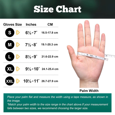 Glove size chart with S–XXL sizes and palm-width measurement shown by a tape on a hand