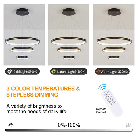 Three Ring Modern LED Pendant Light Dimmable Contemporary Chandelier In Black Acrylic 76W showcasing different color temperatures