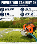 Heavy Duty 115V Electric Water Transfer Pump Delivers No Sweat 330 GPH Flow With A Rock Solid Build And A Dependable Forty Foot Lift For All Your Wet Yard Tasks on grass with hose.