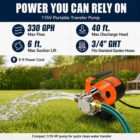Heavy Duty 115V Electric Water Transfer Pump Delivers No Sweat 330 GPH Flow With A Rock Solid Build And A Dependable Forty Foot Lift For All Your Wet Yard Tasks on grass with hose.
