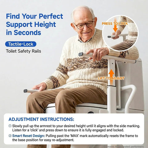 Senior man using Built Tough Adjustable Toilet Safety Rails With Heavy Duty Stainless Steel Grab Bars For Seniors, adjusting height.
