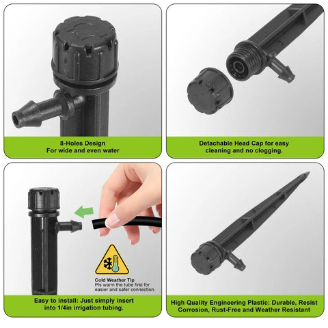 Close-up of 60 Piece 360 Degree Drip Irrigation Emitters For 1 Quarter Inch Tubing Durable Plastic Drippers with features.