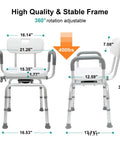 360 Degree Swivel Shower Chair With Armrests And Backrest, portable bath seat with dimensions and weight capacity, white finish.