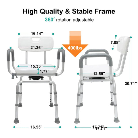 360 Degree Swivel Shower Chair With Armrests And Backrest, portable bath seat with dimensions and weight capacity, white finish.
