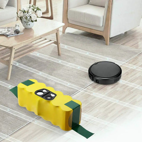 Replacement Roomba Battery 14.4V 5000mAh Ni MH Battery For Roomba 500 Through 900 Series shown next to a Roomba in living room