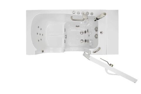 Sleek 32X52 Acrylic Transfer Walk In Tub With Heavy Duty Hydro Massage And Microbubble Jets top view showcasing jets and drain.