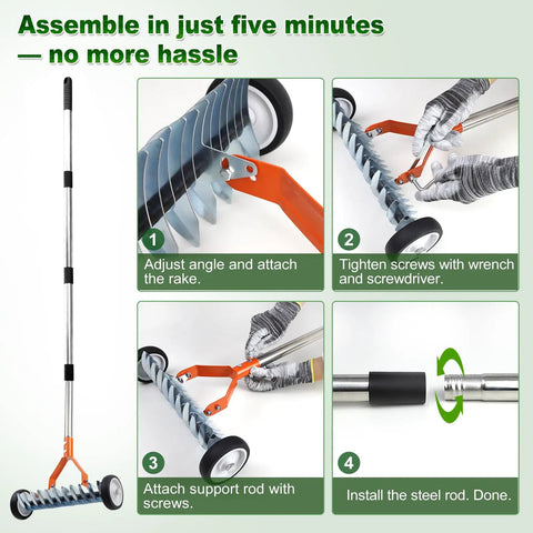 Assembly steps for Wheeled Dethatching Rake For Lawn, 15 Inch Heavy Duty Stainless Steel Thatch Rake With Adjustable Long Handle 35 To 67 Inches