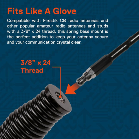 Close-up of Black 2-Piece Heavy-Duty Stainless Steel CB Radio Antenna Spring Mount Base with 3/8 x 24 thread.