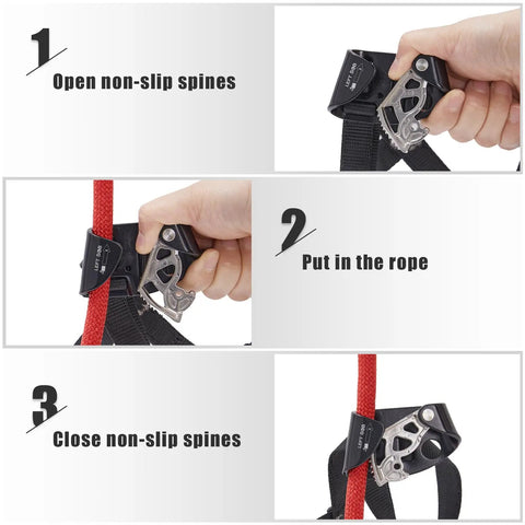 Foot Ascender for Rope Climbing and Rappelling, Lightweight Aluminum Gear, showing steps for securing rope in ascender.