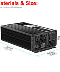 Heavy Duty 1500W Power Inverter 72V To 120V Pure Sine Wave with durable aluminum alloy construction and size details.