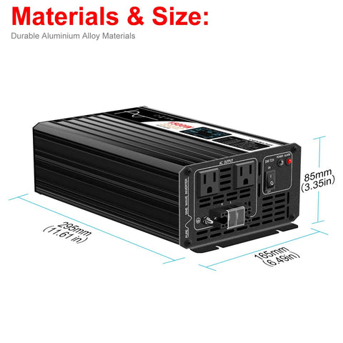 Heavy Duty 1500W Power Inverter 72V To 120V Pure Sine Wave with durable aluminum alloy construction and size details.