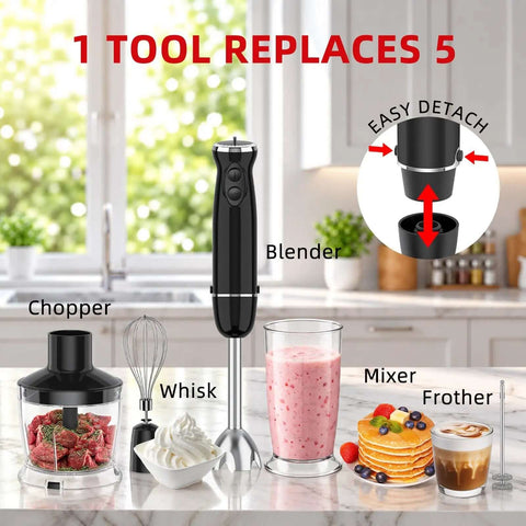 Top Shelf 1000W Five In One Immersion Blender Kit with Whisk, Chopper, and Mixer tools on kitchen countertop.