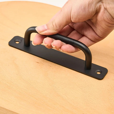 Black Aluminum Alloy Barn Door Handle Pull For Cabinets And Sliding Doors on a wooden surface, easy grip, 5.82x0.98x1.41 inches