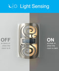 LED Motion Sensor Night Light With Motion Boost Plug In Dusk To Dawn Energy Efficient UL Certified Brushed Nickel Swirl Finish showing on/off modes