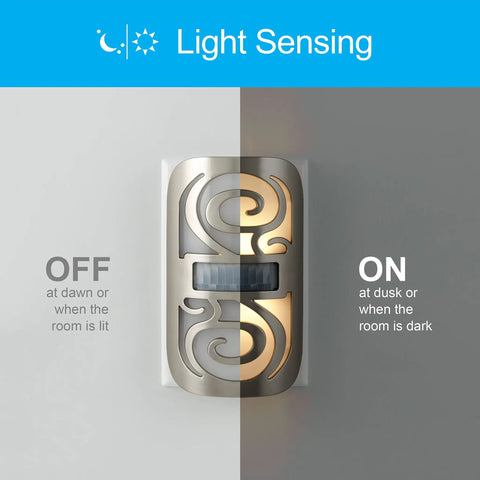 LED Motion Sensor Night Light With Motion Boost Plug In Dusk To Dawn Energy Efficient UL Certified Brushed Nickel Swirl Finish showing on/off modes