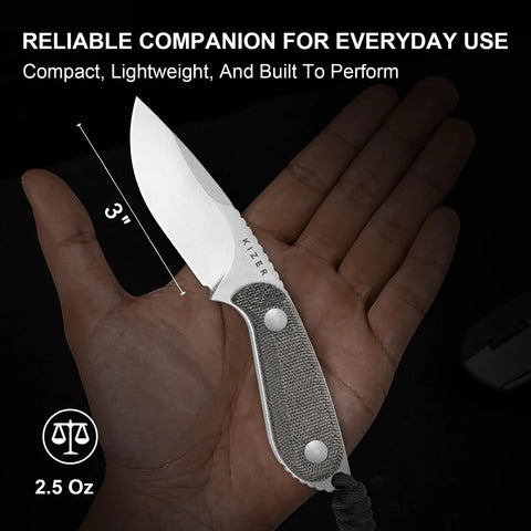 Buddy Fixed Blade Knife With 3 Inch D2 Steel Blade, Olive Green Micarta Handle, shown on hand for scale, 1081M1