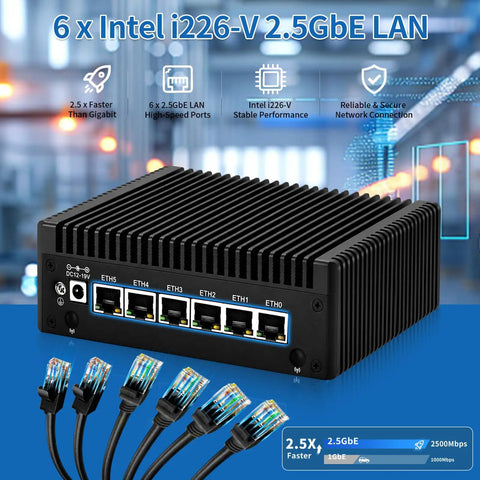Silent Fanless Mini PC Powered By Core I3 8130U Processor With Six Rugged Network Ports, showing 6x 2.5GbE LAN ports.