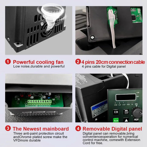 220V 2.2KW Variable Frequency Drive VFD Inverter features cooling fan, connection cable, mainboard, and digital panel details
