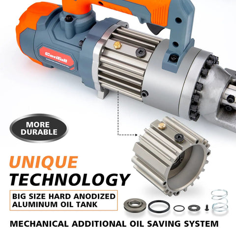Centall 5/8 Inch Electric Hydraulic Rebar Cutter RC16B Orange showing hard anodized aluminum oil tank and components.