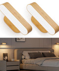 Cordless Wall Sconces Pair showcasing natural wood design, sleek shape, perfect for cozy bedroom lighting installation.