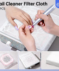 50 Pack Nail Dust Collector Filter Paper Pads For Nail Pros Lightweight PP Material Replacement Cotton Film Sheets Vacuum Dust Collector Filters 19 By 24 Cm Trim To Fit Salon Grade Nail Supply shown during use with nail drill.
