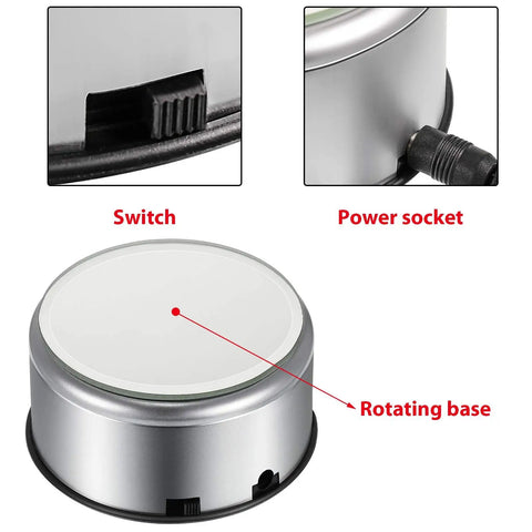 Mudder Silver Rotating Display Turntable Base For Epoxy Tumbler, 360 Degree Electric Spinner With USB Power Cord, showing switch and power socket.