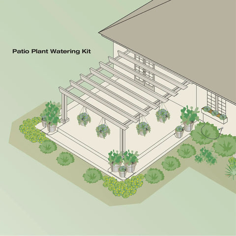 Patio Drip Irrigation Kit With Faucet Connection, 42-Piece Set installed on a pergola, watering six hanging and potted plants.