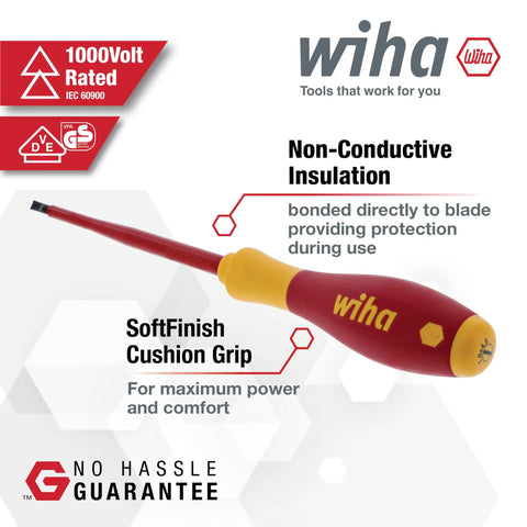 Close-up of Insulated Slotted Phillips And Square Screwdriver Set 6 Piece with soft finish cushioned grip handle and non-conductive insulation.
