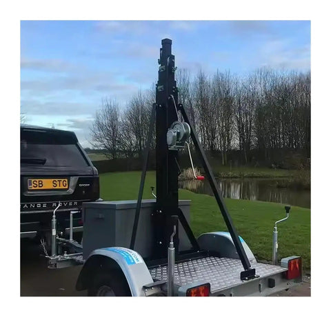 Rock Solid 8 Meter Hand Winch Telescopic Mast With Segmented Buckle Locks For Security Cameras Yard Lights And Radio Antennas, mounted on trailer.