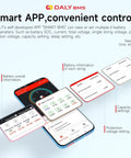 Pro Grade Heavy Duty Smart Battery Management System With Bluetooth Sync For Li Ion Power Packs 20S 72V 150A displayed on a smartphone app.
