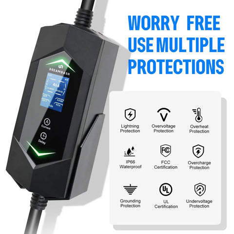 Top Tier Level Two EV Charger With NACS Connector And NEMA 14-50 Plug For Tesla And All Electric Vehicles 40 Amp 9.6 kW control panel with protections.