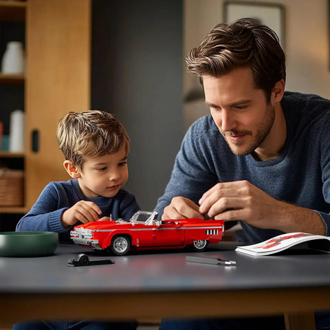 Father and son assembling Low Rider Big Red Car Building Bricks Set With Street Fusion Vehicle Engineering And Lighting Model Modular Collection Kit Featuring 969 Pieces For Adults Teens And Car Lovers
