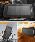 Solar Power Bank 20,000mAh Portable Charger with USB C, four cables, and three ports in waterproof, shockproof, and dustproof settings.
