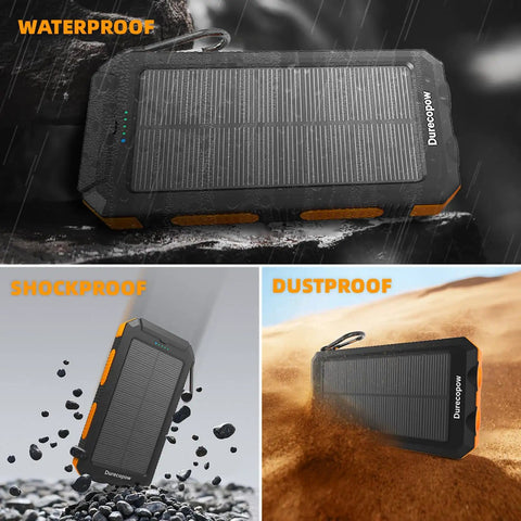 Solar Power Bank 20,000mAh Portable Charger with USB C, four cables, and three ports in waterproof, shockproof, and dustproof settings.
