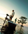 Two men on a boat equipped with Edge Bow Mount Electric Trolling Motor With Foot Pedal Control For Freshwater Boats 70 lb thrust
