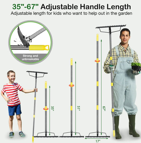 Heavy Duty Bow Rake With 17 Tines 17 Inch Wide Garden Rake Adjustable Length 35 To 67 Inches Manganese Steel Handle Pro Grade Yard Tool For Lawn Leaves Soil Mulch, featuring adjustable height demonstration with adult and child models.