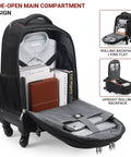 Rolling backpack with wheels, black underseat luggage, open main compartment showing shirt, books, wallet, and laptop