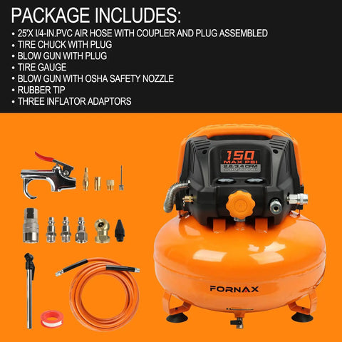 Built Like A Bulldog Six Gallon Pancake Air Compressor With Dual Quick Connect Couplers One Fifty Psi Oil Free Electric Engine accessories set
