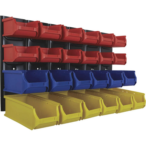 Rock Solid Metal Louvered Wall Panel Storage Rack With 24 Heavy Duty Sorting Bins And An Eighty Pound Weight Rating Crafted To Keep Your Garage Tool Setup Smooth And Hassle Free