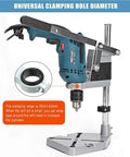 Portable Floor Drill Press Stand With Aluminum Alloy Frame And Large Anti-Shake Base For Hand Tools Repair showing the clamping mechanism.