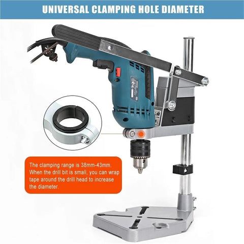 Portable Floor Drill Press Stand With Aluminum Alloy Frame And Large Anti-Shake Base For Hand Tools Repair showing the clamping mechanism.