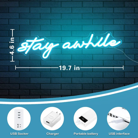 Pink Stay Awhile Neon Sign LED Dimmable Bar Light For Wall Decor USB Powered Cool Neon Light For Bedroom, Home Office, Party, Pub