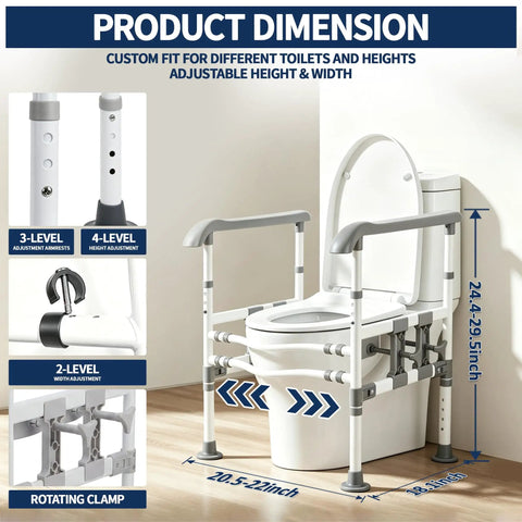 Rock Solid Toilet Safety Rails For Seniors With Heavy Duty 500 Lbs Capacity And No Sweat Drill Free Setup For Easy Bathroom Assist And Senior Trusted Elderly Support Frames adjustable height and width features next to a toilet.