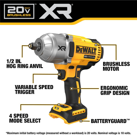 20V Max Cordless 1/2 Inch Impact Wrench With 4 Speed High Torque Beefy Brushless Motor Hog Ring Anvil LED Light Precision Wrench