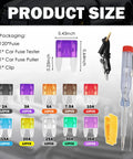 120 Piece Car Fuse Kit With Tester And Puller, Multi Amp Blade Fuses Set Includes 35A 30A 25A 20A 15A 10A 7.5A 5A 3A 2A, Portable Auto Fuse Kit With Storage Box showing sizes and contents