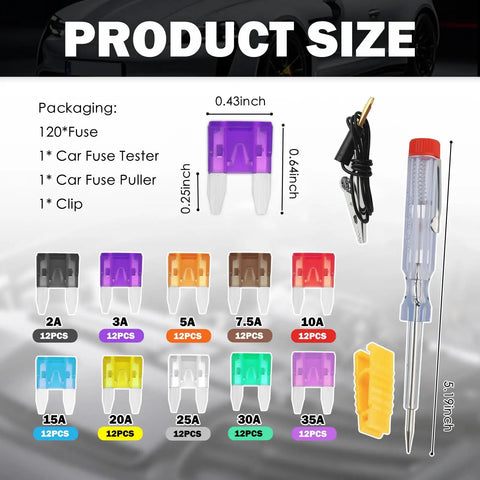 120 Piece Car Fuse Kit With Tester And Puller, Multi Amp Blade Fuses Set Includes 35A 30A 25A 20A 15A 10A 7.5A 5A 3A 2A, Portable Auto Fuse Kit With Storage Box showing sizes and contents