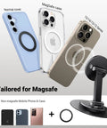 Magnetic MagSafe Phone Stand For Desk, Height Adjustable And 360 Degree Rotation, with iPhone displaying MagSafe cases